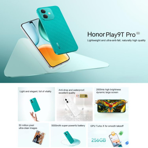 Honor Play9T Pro, 8 Go + 256 Go, écran empreinte digitale, 6,7 pouces MagicOS 8.0 Android 14.0 Dimensity 6080 Octa Core, réseau : 5G, OTG, ne prend pas en charge Google Play (noir) SH995B33-09