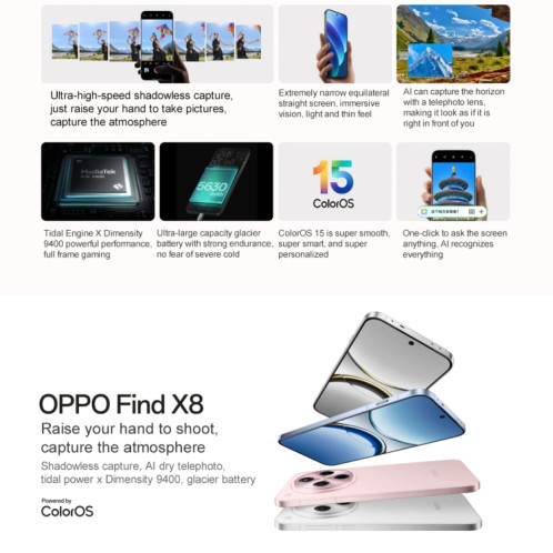 Téléphone OPPO Find X8 AI, 12 Go + 512 Go, écran empreinte digitale, 6,59 pouces ColorOS 15 Dimensity 9400 Octa Core jusqu'à 3,626 GHz, NFC, OTG, réseau : 5G (bleu) SO211L541-017