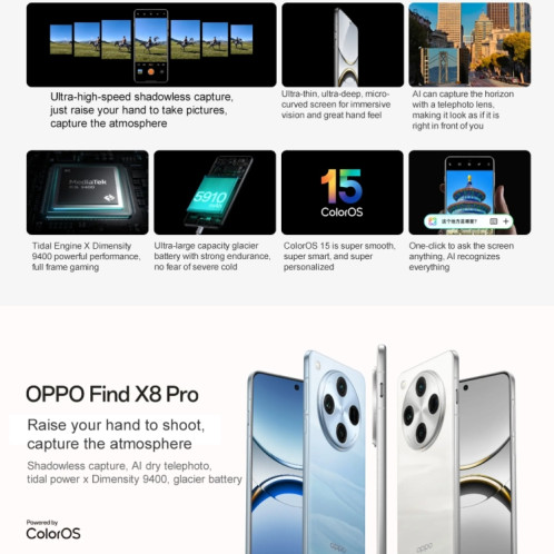 OPPO Find X8 Pro AI Phone Satellite Communication Edition, 16 Go + 1 To, Écran Empreinte Digitale, 6,78 pouces ColorOS 15 Dimensity 9400 Octa Core jusqu'à 3,626 GHz, NFC, OTG, Réseau : 5G (Noir) SO218B358-020