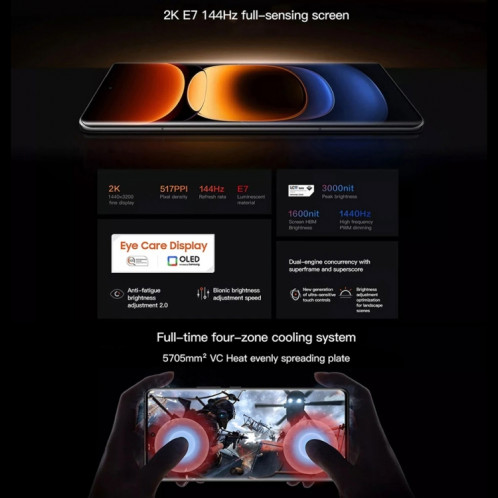 vivo iQOO 12 Pro, triple caméra arrière, 16 Go + 256 Go, identification faciale/identification par empreinte digitale, 6,78 pouces Android 14 OriginOS 4 Snapdragon 8 Gen 3 Octa Core, OTG, NFC, réseau : 5G, prise en SV505W67-015