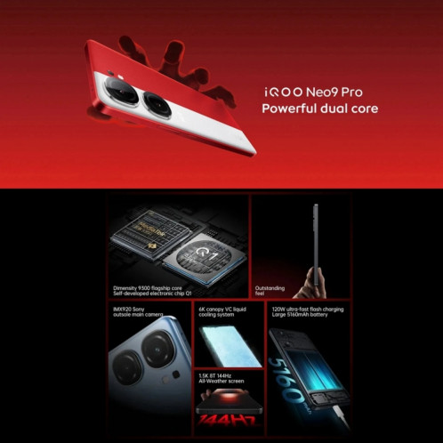 vivo iQOO Neo9 Pro, double caméra arrière, 12 Go + 256 Go, identification faciale/identification par empreinte digitale, 6,78 pouces Android 14 OriginOS 4 Dimensity 9300 Octa Core, OTG, NFC, réseau : 5G, prise en SV511B652-012