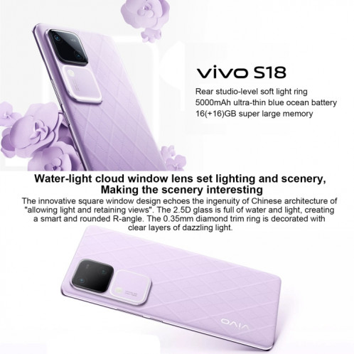 vivo S18, double caméra arrière, 12 Go + 256 Go, identification par empreinte digitale sur écran Face ID, 6,78 pouces Android 14.0 OriginOS 4 Snapdragon 7 Gen 3 Octa Core 2,63 GHz, OTG, NFC, réseau : 5G, prise en SV531B636-014