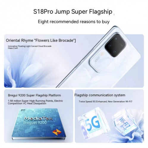 vivo S18 Pro, triple caméra arrière, 12 Go + 512 Go, identification par empreinte digitale sur écran Face ID, 6,78 pouces Android 14.0 OriginOS 4 Dimensity 9200+ Octa Core 3,35 GHz, OTG, NFC, réseau : 5G, prise en SV535L1806-019