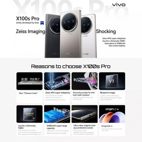 vivo X100s Pro, triple caméra arrière, 16 Go + 1 To, identification faciale/identification par empreinte digitale, 6,78 pouces Android 14 OriginOS 4 Dimensity 9300+ Octa Core, OTG, NFC, réseau : 5G, prise en charge SV546W403-014