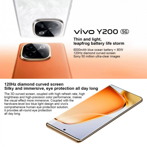 vivo Y200, double caméra arrière, 12 Go + 512 Go, identification par empreinte digitale sur écran Face ID, 6,78 pouces Android 14.0 OriginOS 4 Snapdragon 6 Gen 1 Octa Core 2,2 GHz, OTG, réseau : 5G, prise en charge SV551B1159-08