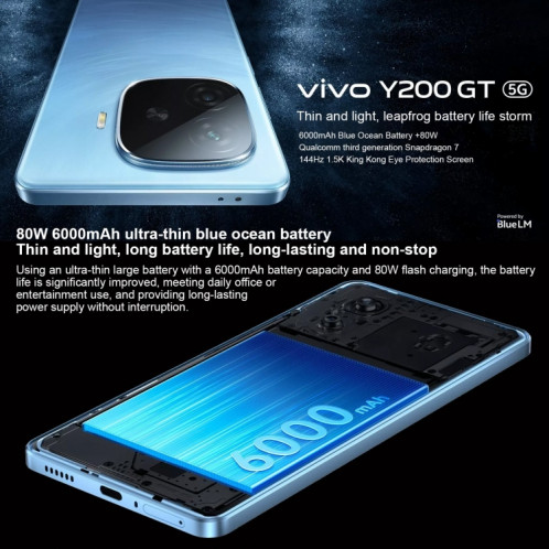vivo Y200 GT, double caméra arrière, 12 Go + 256 Go, identification par empreinte digitale sur écran Face ID, 6,78 pouces Android 14.0 OriginOS 4 Snapdragon 7 Gen 3 Octa Core 2,63 GHz, OTG, NFC, réseau : 5G, prise en SV554B881-09