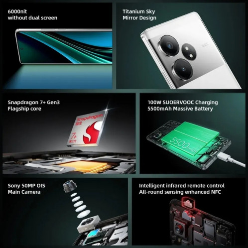 Realme GT Neo6 SE, 16 Go + 256 Go, 6,78 pouces Realme UI 5.0 Snapdragon 7+ Octa Core, NFC, réseau : 5G, compatible Google Play (vert) SR587G775-09