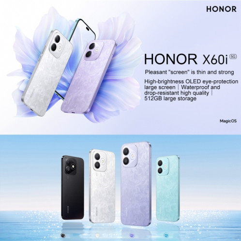 Honor X60i, 12 Go + 256 Go, écran empreinte digitale, 6,7 pouces MagicOS 8.0 Dimensity 6080 Octa Core, réseau : 5G, OTG (blanc) SH604W1033-09