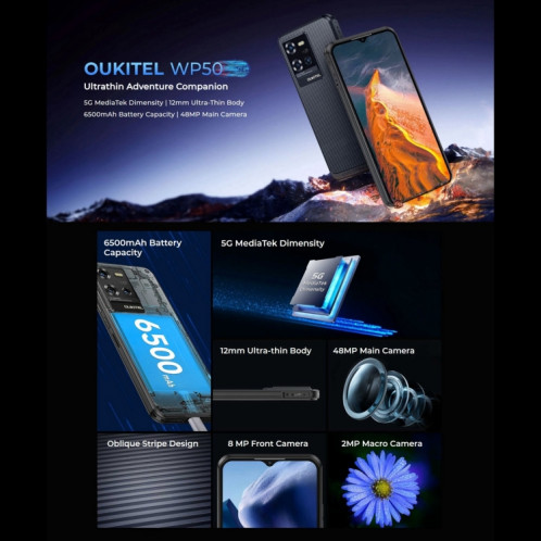  Téléphone robuste Oukitel WP50 5G, 4 Go + 256 Go, 6,6 pouces Android 14.0 MediaTek Dimensity 6100+ Octa-core 3,0 GHz, NFC, OTG, Réseau : 5G (Bleu) SO606L660-016
