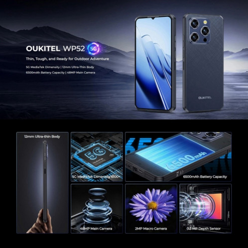 Téléphone robuste Oukitel WP52 5G, 4 Go + 256 Go, 6,6 pouces Android 14.0 MediaTek Dimensity 6100+ Octa-core 3,0 GHz, NFC, OTG, réseau : 5G (noir) SO607B305-014