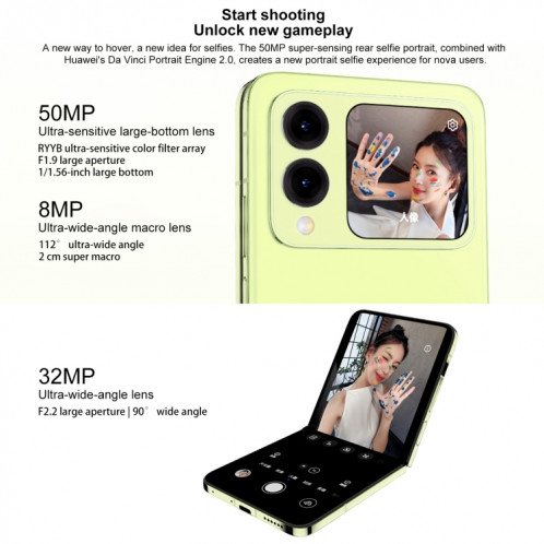 Huawei nova Flip, 12 Go + 512 Go, identification par empreinte digitale latérale, 6,94 pouces + 2,14 pouces HarmonyOS 4.2 Octa Core, NFC, OTG, ne prend pas en charge Google Play (blanc) SH612W897-013