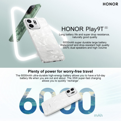 Honor Play9T 5G, 8 Go + 256 Go, 6,77 pouces MagicOS 8.0 Qualcomm Snapdragon 4 Gen2 Octa Core jusqu'à 2,2 GHz, réseau : 5G, OTG, ne prend pas en charge Google Play (blanc) SH624W1763-09