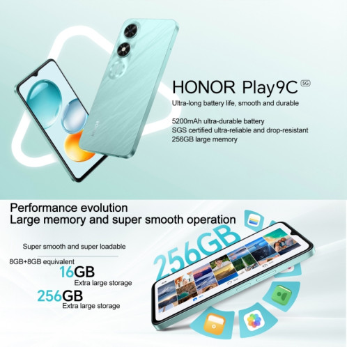 Honor Play9C 5G, 6 Go + 128 Go, lecteur d'empreintes digitales latéral, 6,56 pouces MagicOS 8.0 Dimensity 6100+ Octa Core, réseau : 5G, OTG, ne prend pas en charge Google Play (bleu) SH626L1446-07