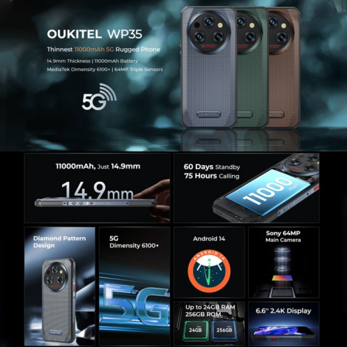  Téléphone robuste Oukitel WP35 5G, 8 Go + 256 Go, identification par empreinte digitale IP68/IP69K, 11 000 mAh, 6,6 pouces MediaTek Dimensity 6100+ Octa Core, NFC, OTG, réseau : 5G (gris) SO735H411-014