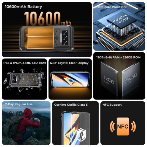  Téléphone robuste Oukitel WP38, 12 Go + 256 Go, IP68/IP69K, identification par empreinte digitale, 10 600 mAh, 6,52 pouces MediaTek MT8788 Octa Core, NFC, OTG, réseau : 4G (orange) SO738E645-013