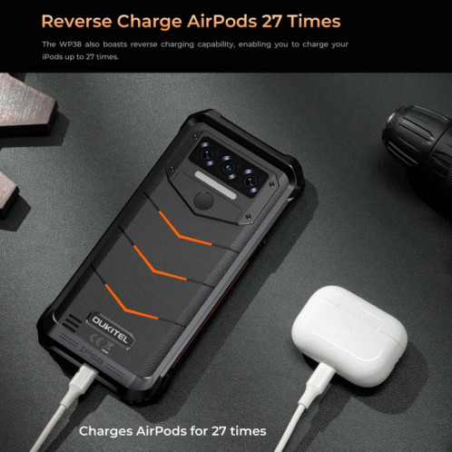  Téléphone robuste Oukitel WP38, 12 Go + 256 Go, IP68/IP69K, identification par empreinte digitale, 10 600 mAh, 6,52 pouces MediaTek MT8788 Octa Core, NFC, OTG, réseau : 4G (orange) SO738E645-013