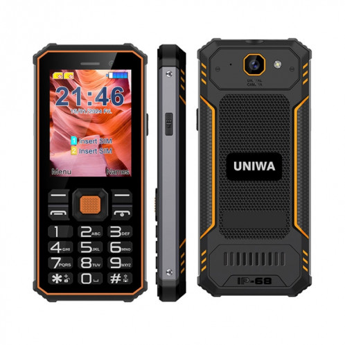 Téléphone à clavier robuste UNIWA S2 IP68, 2,4 pouces Mediatek MT6261, batterie 2500 mAh, 21 touches, réseau : 2G (noir + orange) SU79BC1486-09