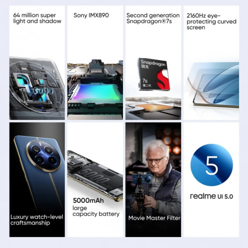 Realme 12 Pro+, 12 Go + 256 Go, identification par empreinte digitale à l'écran, 6,7 pouces Realme UI 5.0 Snapdragon 7s Gen 2 Octa Core, NFC, réseau : 5G, prise en charge Google Play (bleu) SR373L46-025