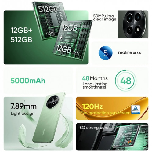 Realme 12x, 12 Go + 512 Go, identification par empreinte digitale latérale, 6,72 pouces Realme UI 5.0 Dimensity 6100+ 5G Octa Core, NFC, réseau : 5G, prise en charge Google Play (noir graphite) SR79GR202-015
