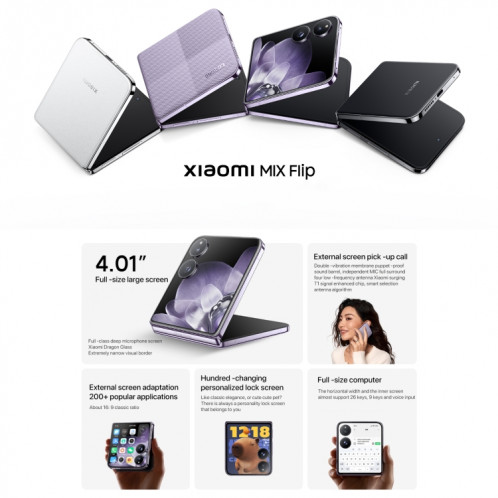 Xiaomi MIX Flip, 12 Go + 256 Go, 6,86 pouces + 4,01 pouces Xiaomi HyperOS Snapdragon 8 Gen 3 Octa Core 4 nm jusqu'à 3,3 GHz, NFC, réseau : 5G (noir) SX380B187-020