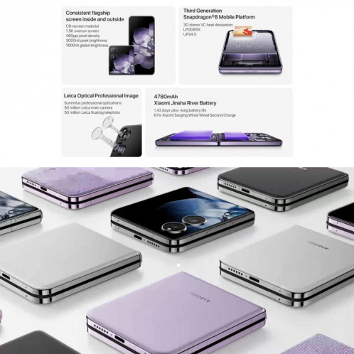 Xiaomi MIX Flip, 12 Go + 256 Go, 6,86 pouces + 4,01 pouces Xiaomi HyperOS Snapdragon 8 Gen 3 Octa Core 4 nm jusqu'à 3,3 GHz, NFC, réseau : 5G (Phantom Purple) SX80PZ845-020