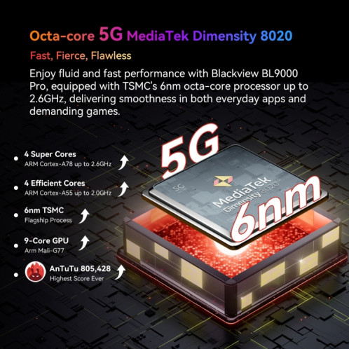  Blackview BL9000 Pro 5G, caméra d'imagerie thermique, 12 Go + 512 Go, IP68/IP69K/MIL-STD-810H, 6,78 pouces Android 14 MediaTek Dimensity 8020 Octa Core, réseau : 5G, NFC, OTG (Or) SB401J1074-014