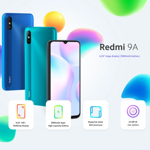 Xiaomi Redmi 9A, 4 Go + 64 Go, Batterie 5000 mAh, identification faciale, 6,53 pouces MIUI 12 MTK Helio G25 Octa Core jusqu'à 2,0 GHz, réseau : 4G, double SIM, prise en charge de Google Play (noir) SX675B1918-015
