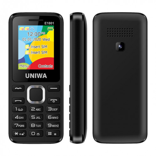 Téléphone portable UNIWA E1801, 1.77 pouces, batterie 800mAh, 21 touches, prise en charge Bluetooth, FM, MP3, MP4, GSM, double SIM (noir) SU749B673-017