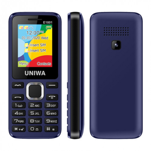 Téléphone portable UNIWA E1801, 1,77 pouces, batterie 800mAh, 21 touches, prise en charge Bluetooth, FM, MP3, MP4, GSM, double SIM (bleu) SU749L265-017