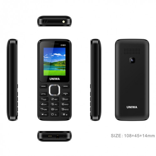 Téléphone portable UNIWA E1801, 1.77 pouces, batterie 800mAh, 21 touches, prise en charge Bluetooth, FM, MP3, MP4, GSM, double SIM (noir) SU749B673-017