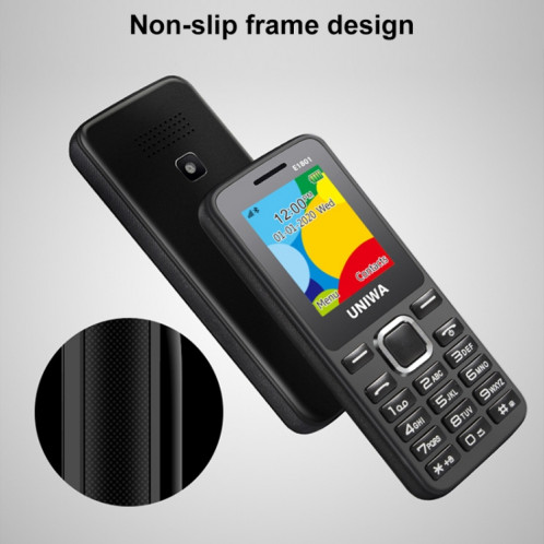 Téléphone portable UNIWA E1801, 1.77 pouces, batterie 800mAh, 21 touches, prise en charge Bluetooth, FM, MP3, MP4, GSM, double SIM (noir) SU749B673-017