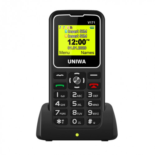 Téléphone portable UNIWA V171, 1.77 pouces, batterie 1000mAh, 21 touches, prise en charge Bluetooth, FM, MP3, MP4, GSM, double SIM, avec base d'accueil (noir) SU752B1434-08