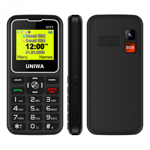 Téléphone portable UNIWA V171, 1.77 pouces, batterie 1000mAh, 21 touches, prise en charge Bluetooth, FM, MP3, MP4, GSM, double SIM, avec base d'accueil (noir) SU752B1434-08