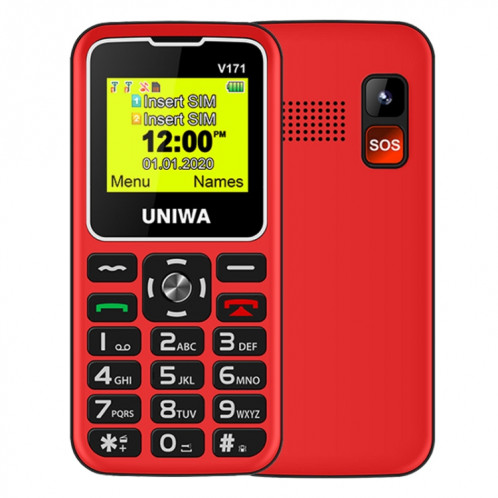 Téléphone portable UNIWA V171, 1.77 pouces, batterie 1000mAh, 21 touches, prise en charge Bluetooth, FM, MP3, MP4, GSM, double SIM, avec base d'accueil (rouge) SU752R618-08
