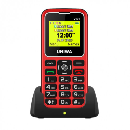 Téléphone portable UNIWA V171, 1.77 pouces, batterie 1000mAh, 21 touches, prise en charge Bluetooth, FM, MP3, MP4, GSM, double SIM, avec base d'accueil (rouge) SU752R618-08