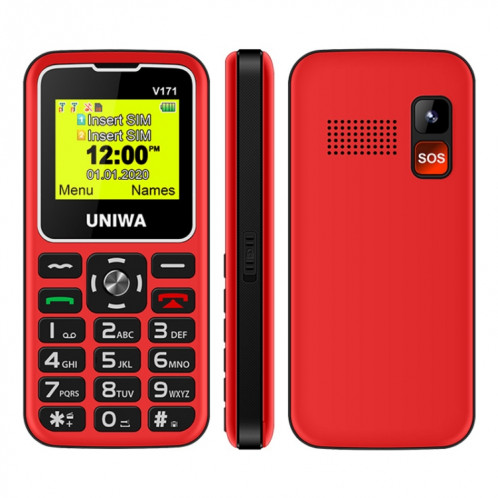 Téléphone portable UNIWA V171, 1.77 pouces, batterie 1000mAh, 21 touches, prise en charge Bluetooth, FM, MP3, MP4, GSM, double SIM, avec base d'accueil (rouge) SU752R618-08
