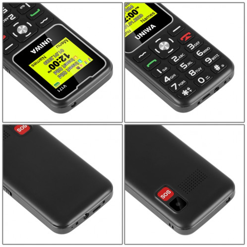 Téléphone portable UNIWA V171, 1.77 pouces, batterie 1000mAh, 21 touches, prise en charge Bluetooth, FM, MP3, MP4, GSM, double SIM, avec base d'accueil (noir) SU752B1434-08