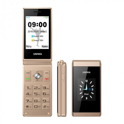 Téléphone à bascule à double écran UNIWA X28, 2,8 pouces + 1,77 pouce, MT6261D, support Bluetooth, FM, SOS, GSM, Dual SIM (Gold) SU863J1480-015