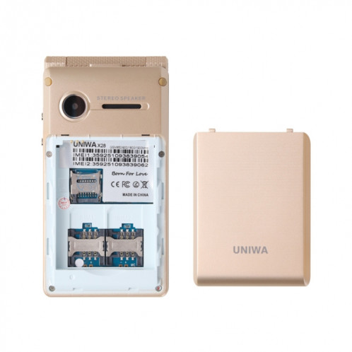 Téléphone à bascule à double écran UNIWA X28, 2,8 pouces + 1,77 pouce, MT6261D, support Bluetooth, FM, SOS, GSM, Dual SIM (Gold) SU863J1480-015