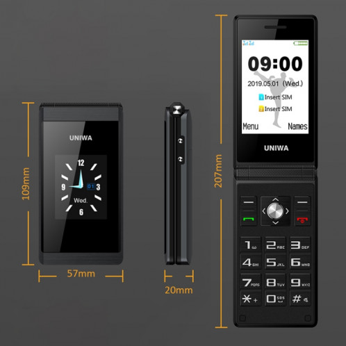 Téléphone à bascule à double écran UNIWA X28, 2,8 pouces + 1,77 pouce, MT6261D, support Bluetooth, FM, SOS, GSM, Dual Sim (Noir) SU863B1766-015