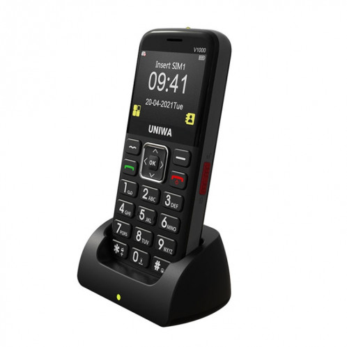 Uniwa v1000 4G téléphone portable aîné, 2,31 pouces, Unisoc Tiger T117, 1800mAh Batterie, 21 clés, Support BT, FM, MP3, MP4, SOS, Torch, Réseau: 4G, avec la base d'accueil (Noir) SU866B1094-06