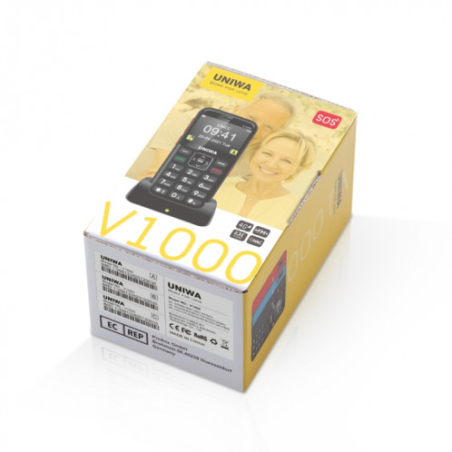 Uniwa v1000 4G téléphone portable aîné, 2,31 pouces, Unisoc Tiger T117, 1800mAh Batterie, 21 clés, Support BT, FM, MP3, MP4, SOS, Torch, Réseau: 4G, avec la base d'accueil (Noir) SU866B1094-06