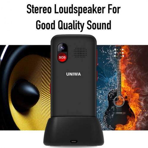 Uniwa v1000 4G téléphone portable aîné, 2,31 pouces, Unisoc Tiger T117, 1800mAh Batterie, 21 clés, Support BT, FM, MP3, MP4, SOS, Torch, Réseau: 4G, avec la base d'accueil (Noir) SU866B1094-06