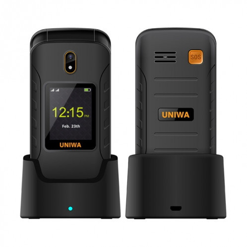 Uniwa v909T Flip téléphone, 2,8 pouces + 1,77 pouce, Unisoc Tiger T107, support Bluetooth, FM, réseau: 4g, Dual Sim, SOS, avec la base de quai de charge (noir) SU907B594-08