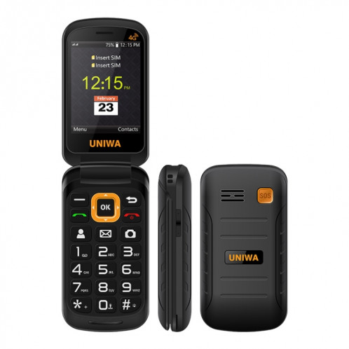 Uniwa v909T Flip téléphone, 2,8 pouces + 1,77 pouce, Unisoc Tiger T107, support Bluetooth, FM, réseau: 4g, Dual Sim, SOS, avec la base de quai de charge (noir) SU907B594-08