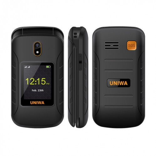 Uniwa v909T Flip téléphone, 2,8 pouces + 1,77 pouce, Unisoc Tiger T107, support Bluetooth, FM, réseau: 4g, Dual Sim, SOS, avec la base de quai de charge (noir) SU907B594-08