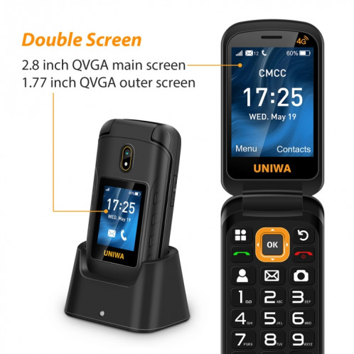 Uniwa v909T Flip téléphone, 2,8 pouces + 1,77 pouce, Unisoc Tiger T107, support Bluetooth, FM, réseau: 4g, Dual Sim, SOS, avec la base de quai de charge (noir) SU907B594-08