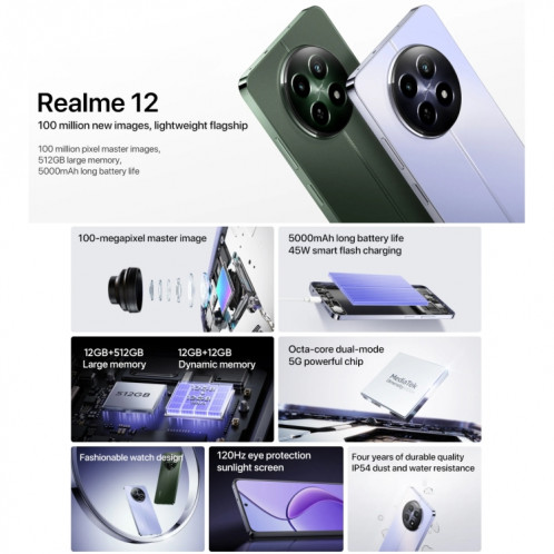 Realme 12, 12 Go + 512 Go, identification par empreinte digitale latérale, 6,72 pouces Realme UI 5.0 Dimensity 6100+ 5G Octa Core, NFC, réseau : 5G, prise en charge Google Play (vert) SR960G1553-018