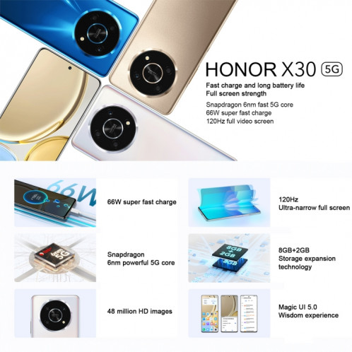 Honor X30 5G ANY-AN00, appareils photo 48MP, 8 Go + 256 Go, version chinoise, Caméras triple arrière, identification d'empreintes digitales latérales, batterie 4800 mAh, 6,81 pouces Magic UI 5.0 Qualcomm Snapdragon SH87AB1393-07