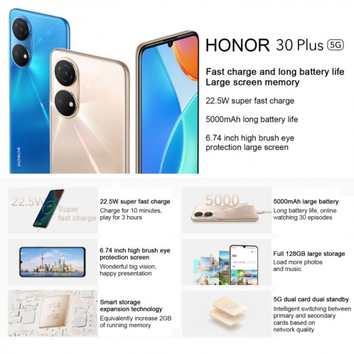 Honor Play 30 Plus CMA-AN00 5G, 6 Go + 128 Go, version chinoise, Double caméra arrière, identification du visage et identification des empreintes digitales latérales, 6,74 pouces Magic UI 5.0 Dimensity 700 Octa Core SH989B833-07